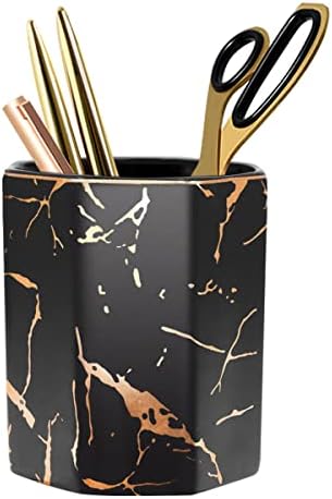 Gold Pencil Holder, Decorative Pens Holder for Desk, Makeup Brushes Organizer for Table, Cute Ceramic Desktop Accessories Pencils Crayons Cup Sturdy, Black (Upgrade Larger Capacity) by WAVEYU