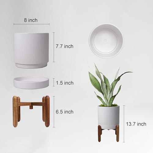 HERDUK 8 Inch Ceramic Planter with Natural Wood Stand w/Drainage & Saucer - Modern Indoor Planter for Cacti, Snake Plants & Aloe Vera - Image 2