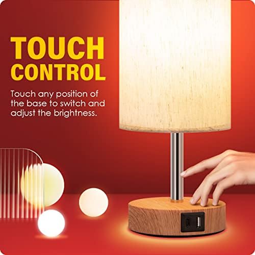 Yarra-Decor Bedside Lamp with USB A+C Port - Touch Control Table Lamp for Bedroom Wood 3 Way Dimmable Nightstand Lamp with Round Flaxen Fabric Shade for Home Office (LED Bulb Included) - Image 4