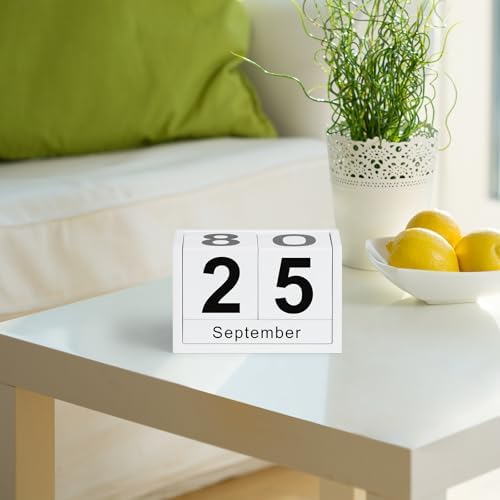 Wooden Block Calendar for Desk, Small Size Daily Desktop Perpetual Desk Calendar, Cute Date Display Desk Accessories for Home Office Decor, Teacher, Classroom, Reusable Yearly, White - Image 2