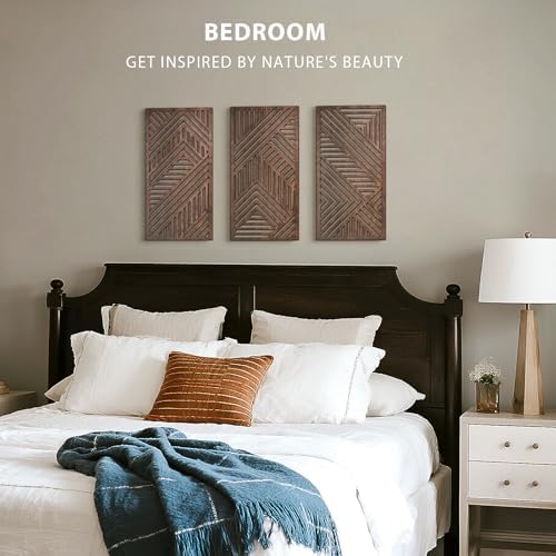 VIYYIEA Boho Solid Wood Carved Wall Art Set of 3, Geometric Minimalist Wooden Home Decor Panels, Handcrafted Solid Wood Wall Hanging for Living Room Bedroom Hallway, 16 x 8 Inch Each (Sunset Brown) - Image 4