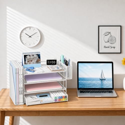 OPNICE Desk Organizers and Accessories, 4-Tier Desktop File Organizer with Drawer and Pen Holders, Office Desk Accessories Workspace Organizers for Office Supplies (Soft White) - Image 2