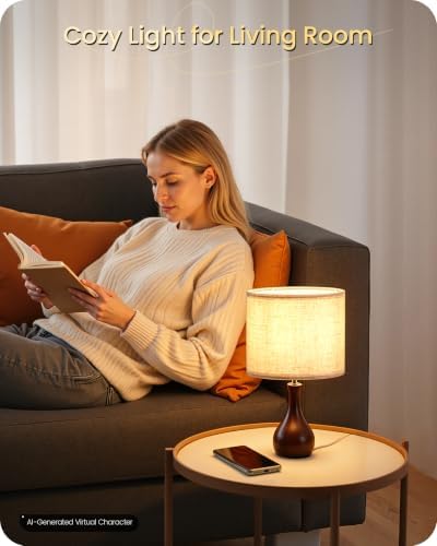 Small Table Lamp, 14.2" Cute Little Desk Lamp, Wood Bedside Lamp with Linen Lampshade, Modern Nightstand Lamp for Bedroom, E26 Base, Bulb Not Included, Beige & Dark Walnut STE09TL05 - Image 4