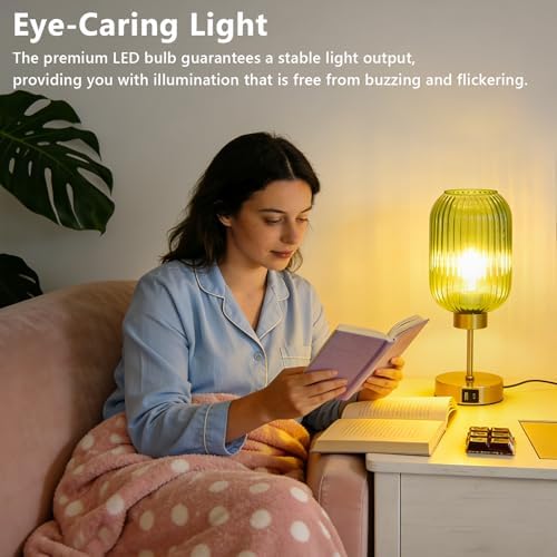 Green Glass Table Lamps Set of 2 with Bulb, Small Touch Beside Lamp with USB Ports, 3 Way Dimmable Desk Lamps, Vintage Gold Nightstand Lamps for Bedroom Living Room, Office, Home Decor - Image 4