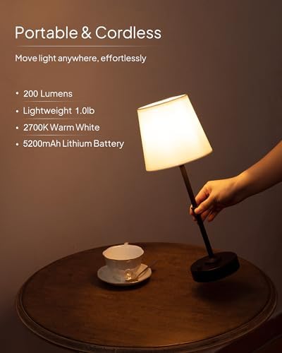EppieBasic Cordless Table Lamp Rechargeable: Fast Charging & Long Lasting - 2700K Warm Light Small Vintage Brass Entryway Lamps - Dinning Living Room Bedroom - Black - Image 6