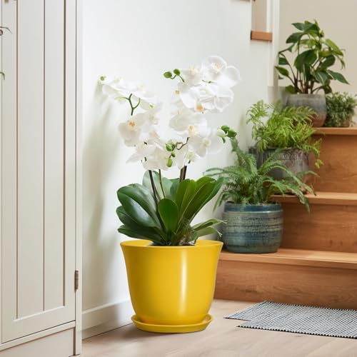 Ceramic Planter - 10 Inch Plant Pot for Indoor Outdoor, Round Flower Pots with Drainage Hole and Saucer, Large Plant Pot, Modern Planters, Home Room Decor, Gifts for Plants Lovers, Yellow - Image 6