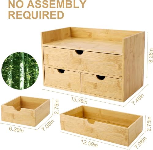 Charmewooden Bamboo Desk Organizer 3 Drawer with shelf, Countertop Organizer with Drawers Makeup Storage Drawer 3 Drawers Tabletop Storage Organization Box Home Office Workspace - Image 2