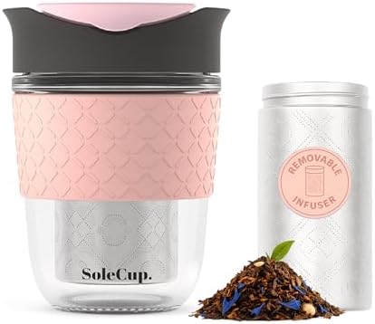 Travel Mug Loose Tea Infuser - Detachable Tea Strainer with Spillproof Lid - BPA-Free Reusable Glass Travel Coffee Cup with Silicone Band (Gray and Pink, 12oz) by SoleCup
