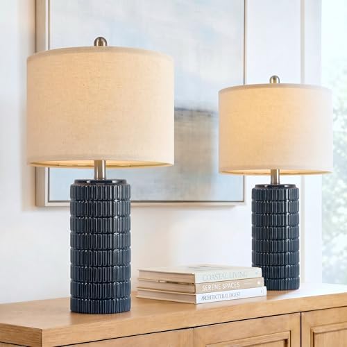 PoKat 23" Blue Table Lamps, Farmhouse Bedside Lamps for Bedroom Set of 2, Ceramic End Table Lamps for Living Room, Traditional Nightstand Desk Lamps, Medium by Pokat