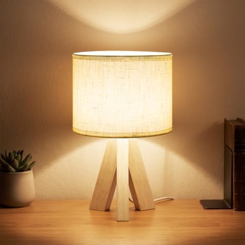 Tripod Table Lamp Small Bedside Lamp with Linen FabricShade, Mid Century Modern Nightstand Lamp for Bedroom Living Room Office Nursery, Wooden Legs(Cylindrical) by Unknown