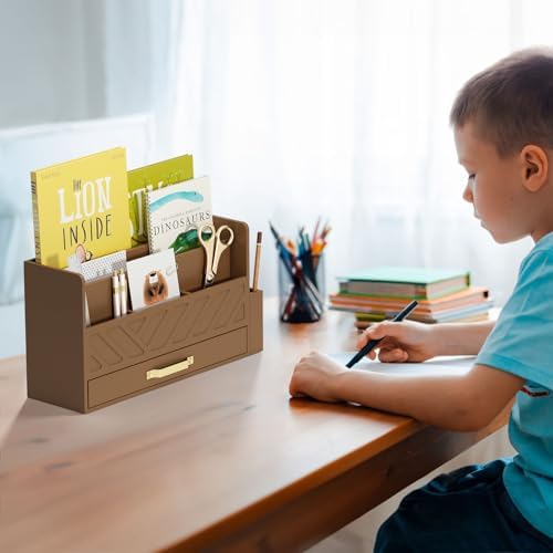 Bamboo Mail Organizer Countertop Pen Holder Wooden Desktop Storage Drawers - Image 6