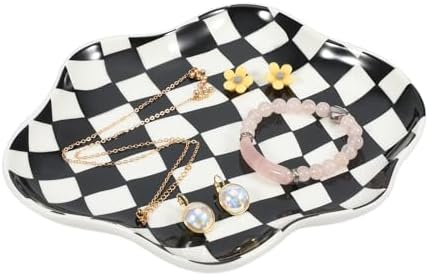 Koythin Black White Checkerboard Ceramic Jewelry Tray, Vanity Trinket Dish by Koythin