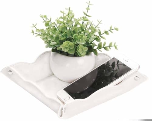 Valet Tray for Men Women - PU Leather Travel Catchall Tray Organizer - Desk Bedside Nightstand Storage Box for Jewelry Key Phone Remote Controller Wallet Watch Glasses Coin Readers -White by Unknown