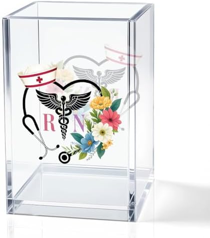 Floral Stethoscope RN Acrylic Pencil Holder Cup for Women Nurse RN by QYUVK