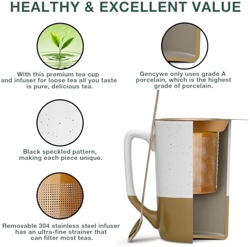 Gencywe Ceramics Large Tea Cup with Loose Leaf Infuser, Spoon and Lid, 16 oz Tall Coffee Mug, Microwave and Dishwasher Safe, Rustic Matte Ceramic Glaze, Tea Strainer, Amber - Image 5