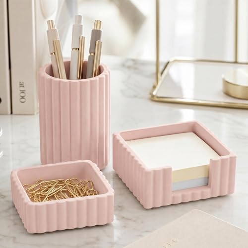 Modern Aesthetic Desk Accessories Set of 3 - Pink Concrete Organizers by KIBAGA