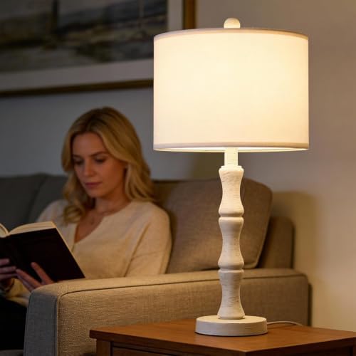 BOBOMOMO 25" Farmhouse Bedside Lamps Set of 2, Vintage Nightstand Lamps with Antique White Resin Base & Linen Shade, Standard Table Lamps for Bedroom, Living Room, End Table & House Décor - Image 2