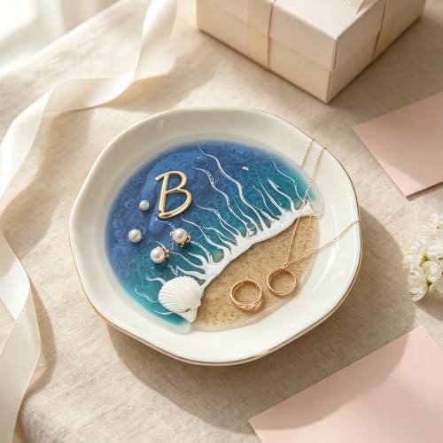 Ocean Jewelry Tray for Women, Ceramic Ring Dish with Gold Trim, Beach Wave Vanity Organizer for Dresser, Decorative Trinket Holder for Earrings, Necklaces (B) by Unknown