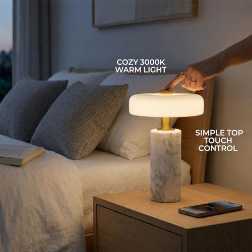 Cordless Marble Table Lamp with Glass Shade,Touch Dimmable Stone Lamp - Image 6