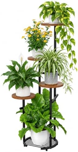 TOSKING 5-Tier Round Wood Corner Plant Stand Indoor, Anti-Tip, Brown&Black by TOSKINGESSENCE