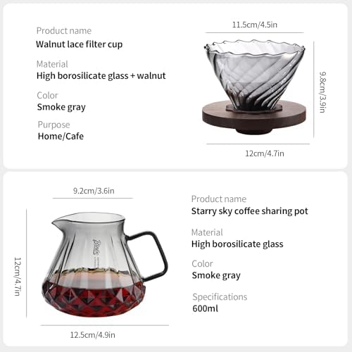 Bincoo Pour Over Coffee Maker&Dripper, Style Cone Filter + 600ml Glass Coffee Server, Manual Coffee Brewer Set, Reusable Coffee Filter Holder, Great Gift for Coffee Enthusiasts（Grey - Image 6