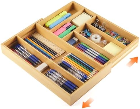 Briwooody Bamboo Sliding Desk Drawer Organizer 9.4'' up to 18'' x 15'' x 2'' Expandable Office Desk Accessories Supplies Tray with 7 Compartments for Pens, Notebooks, Rulers, and Makeup Jewelry Vanity by Briwooody