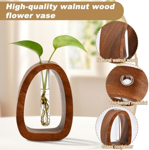 Solid Wood Frame Glass Test Tube Vase Desk Hydroponic Plant,Modern Decorative Hydrophilic Plants Vases,Mini Propagation Station for Hydroponic Plants,Desktop Home Office Decor - Image 3