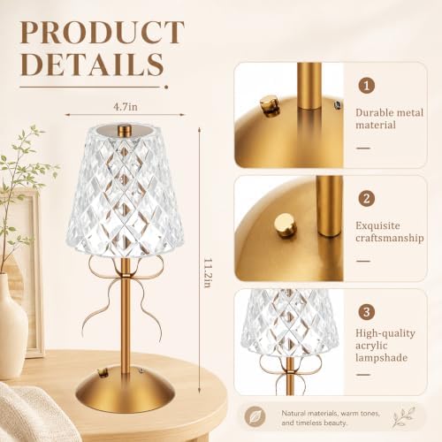 Liliful 2 Pcs Cordless Table Lamp LED Touch, Gold, Diamond Style Bow - Image 2