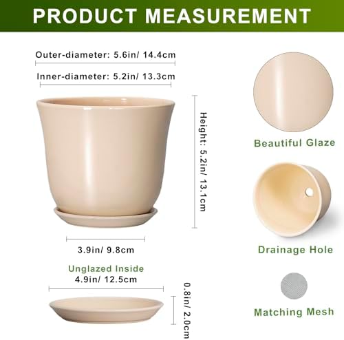 Ceramic Pots for Plants, 5.6 Inch Plant Pot with Drainage, Beige - Image 2