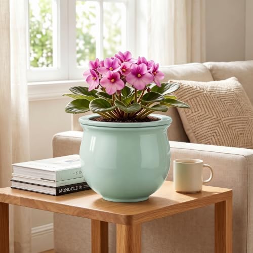 8 Inch Self Watering Planter, Ceramic Plant Pots, Mint Green - Image 3