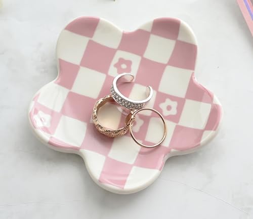 Pink Checkered Jewelry Dish, Cute Flower Trinket Tray for Rings & Earrings, Trendy Teen Girls Birthday Gifts, Aesthetic Room Decor for Nightstand Vanity Bathroom Sink & Dorm Desk, 3.8" by OVENKEI