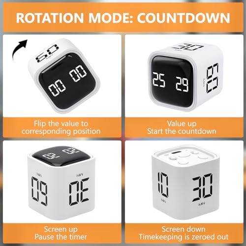 GuDoQi Multi-Function Cube Timer, 5/10/30/60 Min & Custom Count Down, Included Pause & Resume Feature, Silent, Vibrate & Adjustable Sound Alarm for Productivity in Tasks, Study & Kitchen, White - Image 3