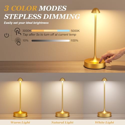 Kakanuo Rechargeable Cordless Table Lamp, Battery Operated Lamps, 3-Color Stepless Dimming, Portable Wireless Desk Lamp, LED Lighting for Dining Room, Restaurant, Office, Bar, Home(Gold 2 Pack) - Image 4