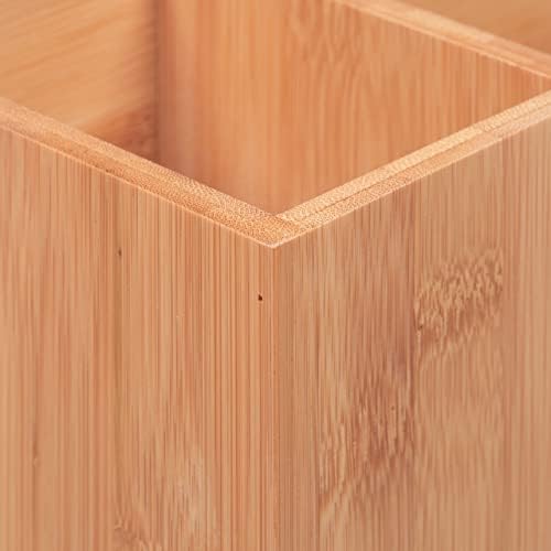 Relaxdays Bamboo Pencil Holder, Organiser for Desk, Bathroom and Office, 3 Compartments, Pen Box H x D: 14 x 24.5 x 14 cm, Natural, 90% 10% fibreboard, 14 x 24,5 x 14 cm - Image 6