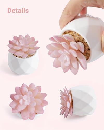 VIVERIE Mini Succulents Plants Artificial in Pots-Rose Pink, Christmas Small Fake Succulents Plants for Home Decor Indoor for Women, White Ceramic Faux Succulents, Set of 1, Gifts for Mom - Image 3