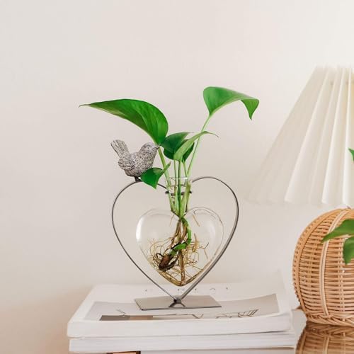Marbrasse Desktop Glass Vase, Bulb Glass Vases for Holder, Creative Bird with Heart Planter Vase, Plant Terrarium Metal Stand for Modern Office Home Wedding Decorations - Image 5
