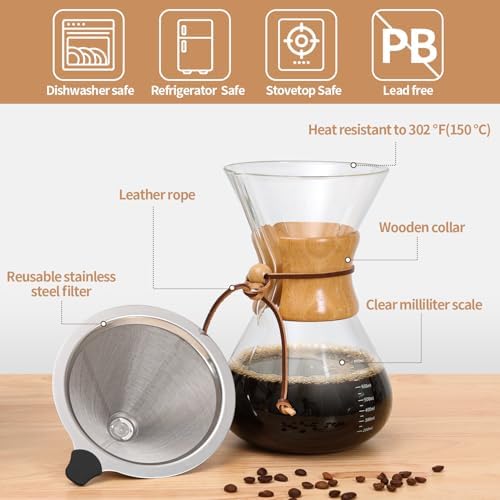Pour Over Coffee Maker 34 OZ, 10 Cup Borosilicate Glass Drip Coffee Maker with Reusable Stainless Steel Filter and Cork Grip for Home Café 1000 ML - Image 5