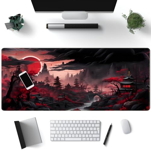 Riverside Full Moon Desk Pad Black Red Desk Mat Japanese Anime Extended XXL Keyboard Pad for Desk Gaming Computer Laptop Office Mouse Pad with Stitched Edges Non-Slip Large Computer Mat 31.5x11.8 in by Mechanical+Cattle