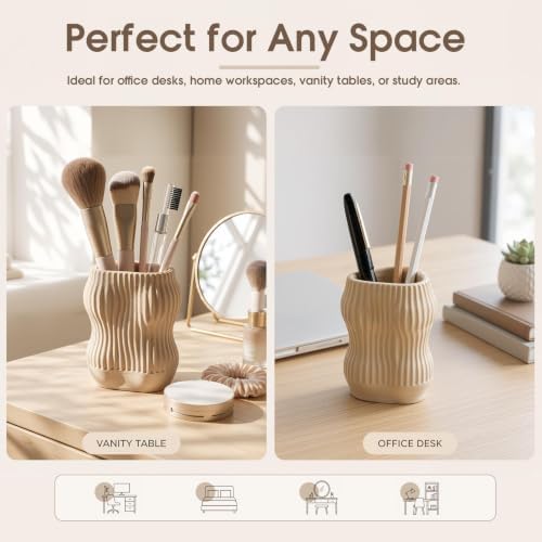 Aesthetic Desk Organizer Boho Pen Holder Modern Pencil Holder Beige Plastic Makeup Brush Organizer for Office Desk Accessories Stylish Home Office Art Decor Supplies(Stylish) - Image 5