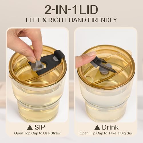 13oz Reusable Iced Coffee Tumbler with Lids,Clear Tumbler Water Glass,2 Pack Glass Cups with Straw and Lid,Glass to go Coffee Cup for Drinking Matcha, Water, and Juice(Amber - Image 4