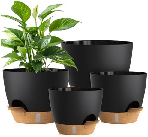 Plant Pots, 4 Pack 12/10/9/8 Inch Self Watering Pots with Drainage Holes, Water Level Indicator Deep Reservoir, Large Planters for Indoor Outdoor Plants - Black Brown by KUGAZ