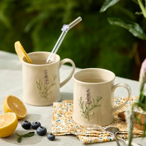 Artisanal Handcrafted Ceramic Mug with Sage Botanical Design - 10oz Off-White Stoneware Coffee Cup, Elegant Purple Sage Pattern, Dishwasher Safe, Comfort Grip Handle for Daily Use-2pack by DelightsGalore