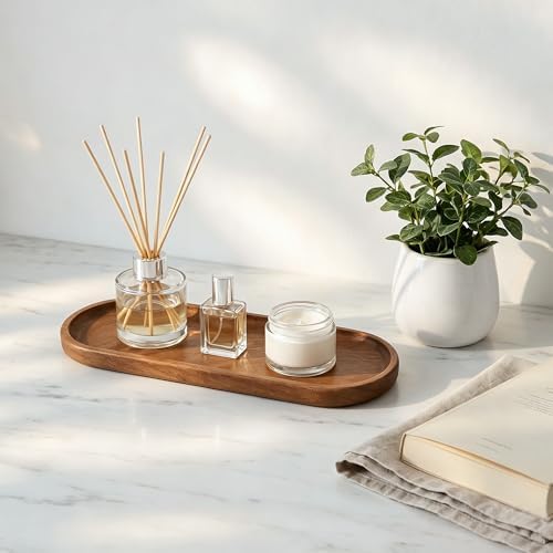 Small Acacia Wood Serving Tray, Wooden Decorative Tray for Coffee Table, Kitchen, Bathroom Counter - Wood Platter for Candles, Perfume, Snacks (11.4 x 4.1 x 0.6 in) - Image 6