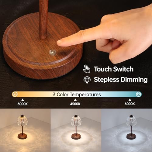 Shenmoyl Tulip Table Lamp with 5200mAh Battery & Touch Control, Small Cordless Table Lamp with 3 Colors, Rechargeable Battery Operated Table Lamps for Bedroom, Desk, Bedside (Transparent-Walnut Color) - Image 3