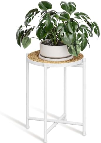 Bamworld Plant Stand Indoor Rattan Plant Table for Large Plants White by Bamworld