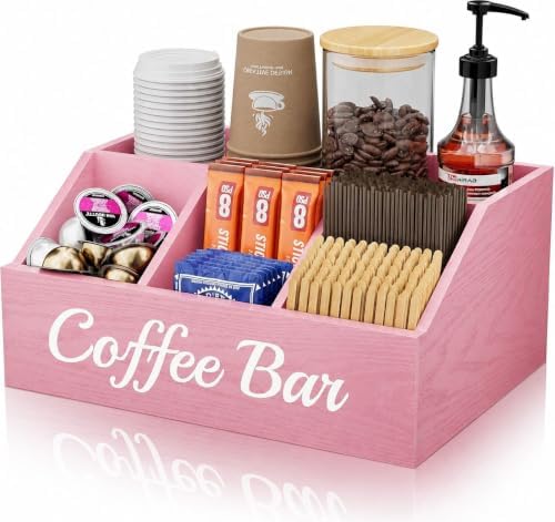 Coffee Station Organizer for Countertop – Wooden Coffee Bar Organizer with Adjustable Dividers,Holds K Cup Pod & syrup bottles, for Kitchen, Office, or Bar and Tea Station, Pink by Unknown