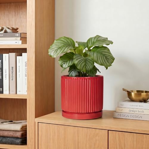 6 Inch Ceramic Plant Pots, Pots for Plants with Saucer, Red - Image 7