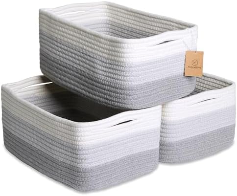 NaturalCozy 13.5”x8.5”x5.5” Rectangle Storage Baskets for Shelves 3 Pack | Cotton Rope Woven Small Baskets for Organizing | Small Storage Bins for Nursery, Bathroom, Closet, Shelf, Decorative by NaturalCozy
