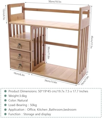 Bamboo Desktop Bookshelf with Drawers, Tabletop Bookshelves with 3 Drawers, Desktop Bookshelf Organizer Table Top Organizer Bamboo Desk Organizers for Office and Home (Natural) - Image 2