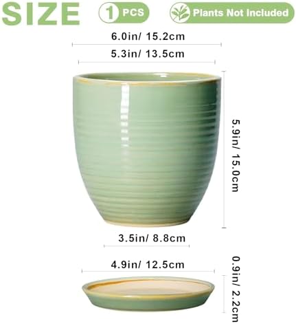 Ceramic Plant Pots - 6 Inch Ceramic Planter with Drainage Hole and Saucer, Modern Planters for Indoor Outdoor Plants, Round Flower Pots, Office House Decor, Gifts for Women Men, Bright Green - Image 2